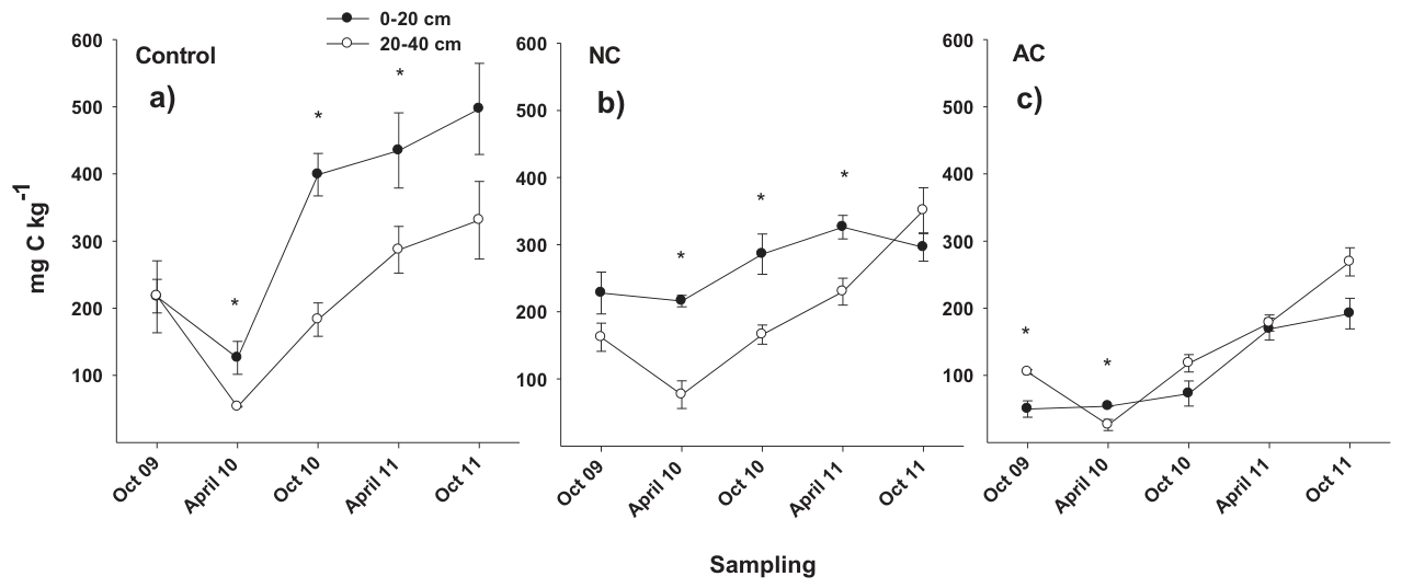 Fig. 4. Evolution in time of Microbial Biomass Carbon (MBC) in the three studied soils and at two different depths (0e20 cm and 20e40 cm). Mean values � standard error (n ¼ 3). Significant differences between depths for