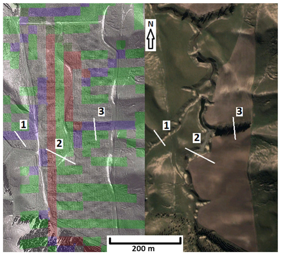 Fig. 4. Post-recontouring landscape with superimposed ArcGIS ‘stream order’ function (left), and pre-recontouring aerial photo highlighting gullies (right). The white lines labelled 1, 2, and 3 represent the drainage tra