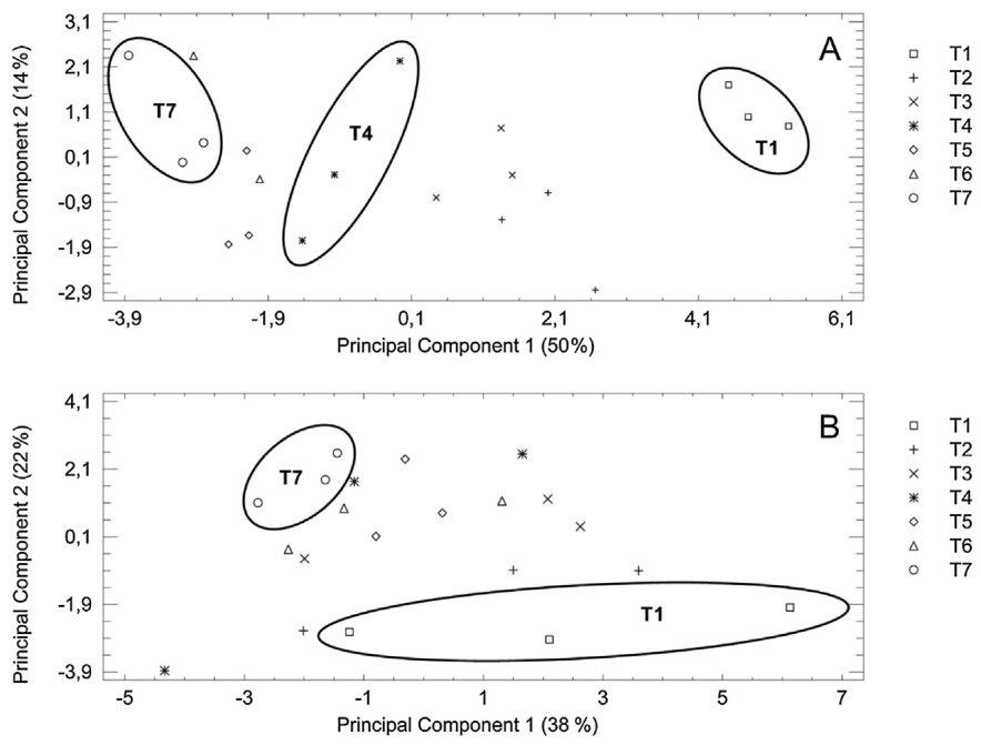 Fig. 3. Score plots of the first two principal components obtained from the dataset of the elemental composition of white lupin shoots of plants grown in Pukekohe (A) and Levin (B) soils at different lime treatments (T1:
