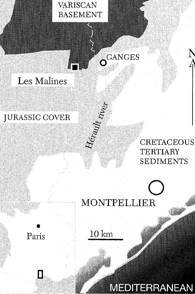 FiG. 1. Geologic map of the Les Malines (Les Avinières) base metal mining area near Ganges (Gard) some 40 km northwest of Montpellier, France.