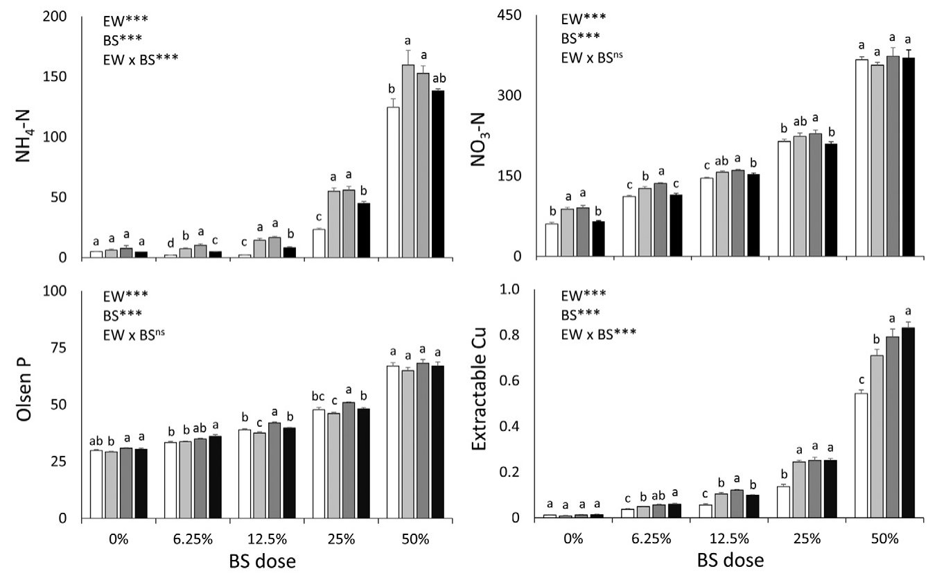Fig. 1. extractable concentrations (mg g−1) of n, P, and Cu released from varying proportion of biosolids without earthworms (white bars) and inoculated with Maoridrilus transalpinus (light shaded bars), Maoridrilus sp.2