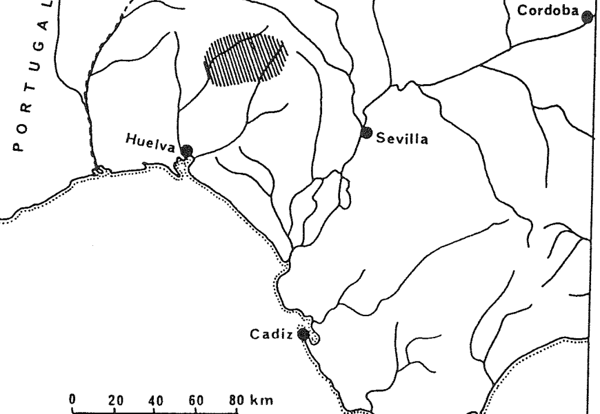 FIGURE 2. Map of the Huelva region of southwestern Spain showing the distribution (hatched area) of Erica andevalensis. Source: Nelson et al. (1985).