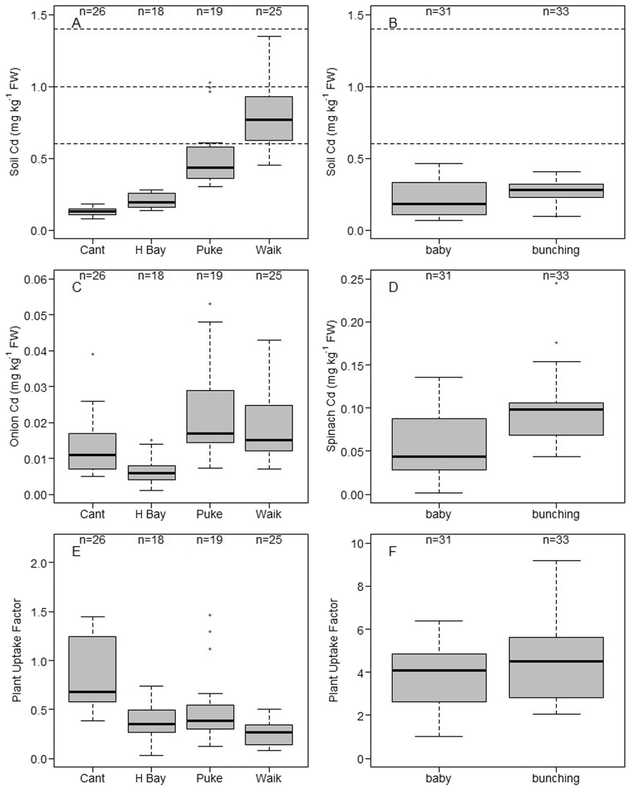 Fig. 3. Total soil cadmium concentration (mg∙kg−1) in each region (Cant = Canterbury, H Bay = Hawkes Bay, Puke = Pukekohe, Waik = Waikato) sampled for onions (A) or in soils sampled for baby and bunching spinach (B). The