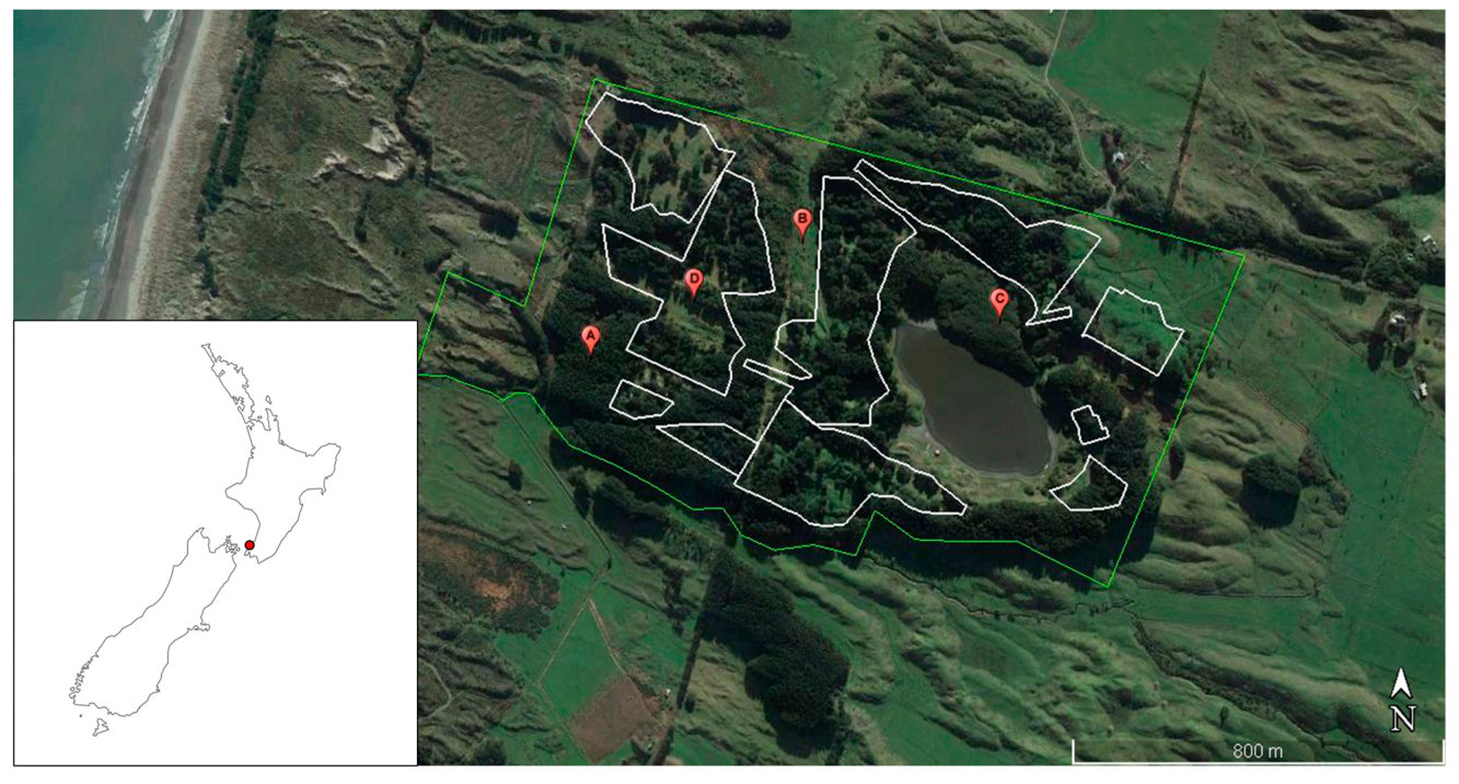 Figure 1. Aerial image of the area utilised for long-term TMW irrigation, indicated by a red dot in the left figure The area of operation is marked in green. Area within the white lines had been irrigated since 1987. Are