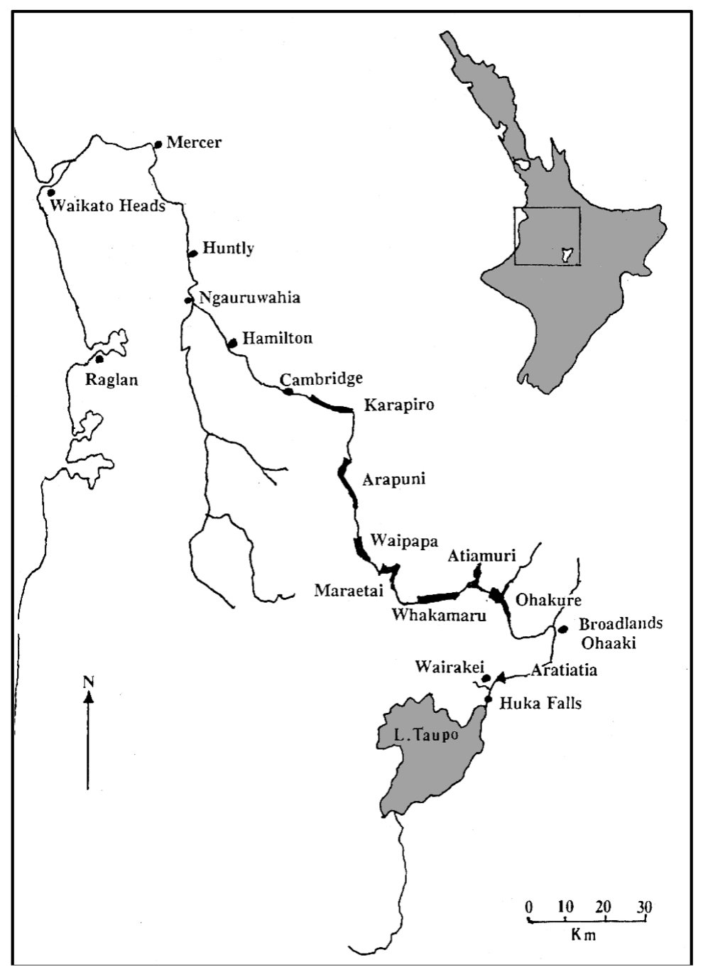 Fig. 1. Sampling sites along the Waikato River, North Island, New Zealand.