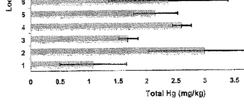 Figure 2. Total Hg concentrations for the 12 locations sampled along the Tui mine tailings. Bars denote ·1 standard deviation from the mean of three replicates.