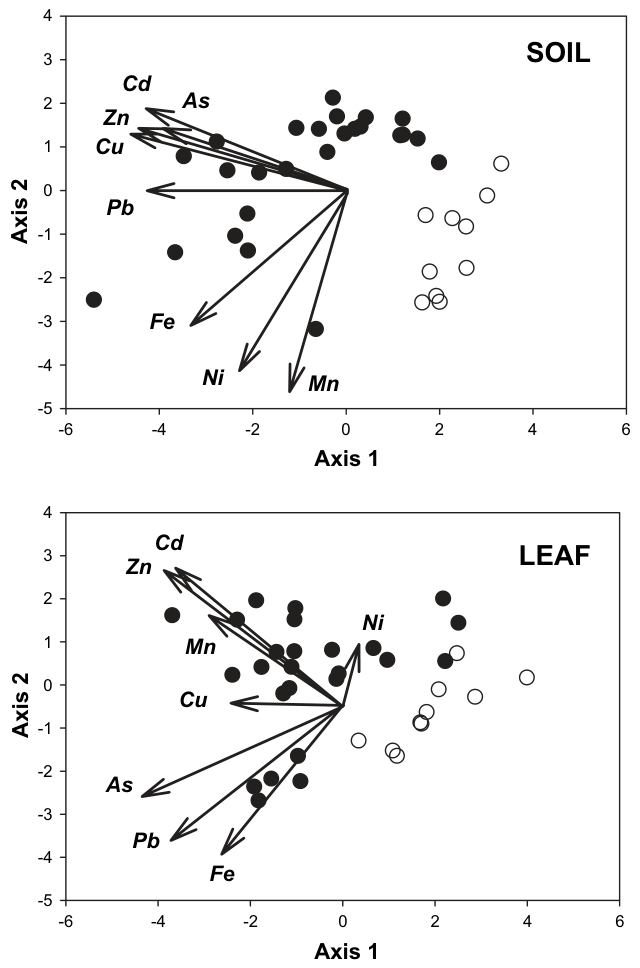 Fig. 2. Ordination of soil (above) and poplar leaf (below) samples by the two first axes of principal component (PCA) analysis, according to the concentration of eight trace elements. Black symbols are spillaffected samp
