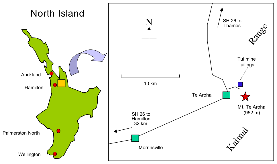Fig. 1. Location of Tui mine tailings. The tailings dam is located on the NW flank on Mount Te Aroha, approximately 3 km of the township of Te Aroha, North Island of New Zealand.
