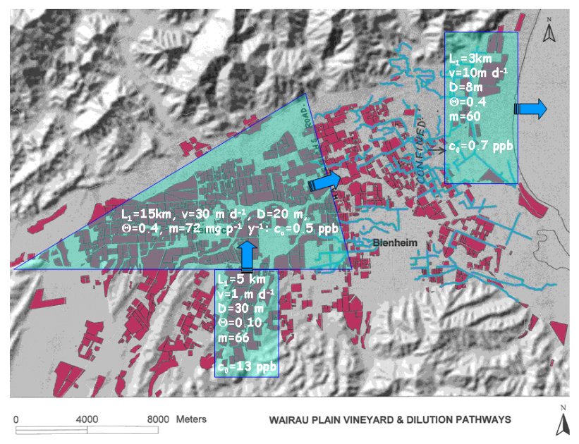 Fig. 8. A map of the Wairau Valley of Marlborough, New Zealand, showing the location of vineyards (red). Superimposed on the map are our simple geometrical models for the triangular Wairau aquifer system (centre left), t