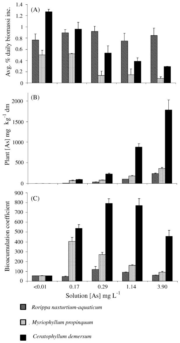 Fig. 2. (A–C) The growth (average % daily increase over 42 days), As-uptake (mg kg−1 dry weight) and bioaccumulation coefficients (plant/water concentration quotient) of submerged aquatic plants under controlled conditio