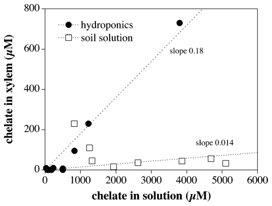 FIGURE 6. Concentrations of chelating agents (EDTA and EDDS) or their metal complexes in xylem sap plotted against their concentration soil solution or hydroponic solution. Data are from refs11, 35, 40, 62, 87, 88.