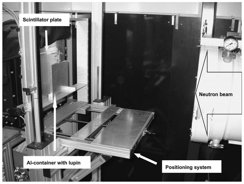 Figure 2 The neutron imaging set up during the experiment. The position of the sample was adjusted using a calibrated positioning system.