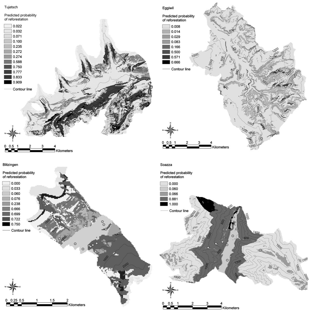 Fig. 3. Predicted probabilities of reforestation. The corresponding classification trees are illustrated in Fig. 2. Interview sites are marked by points. For better illustration of the topographic conditions, contour lin
