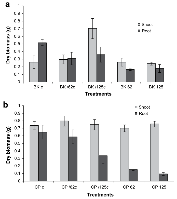 Fig. 6. Measured total root and shoot biomass of Berkheya coddii (a) and Cicer arietinum (b) in growth containers after 5 weeks of growth. The error bars show standard deviation of the mean. Treatments without overlappin
