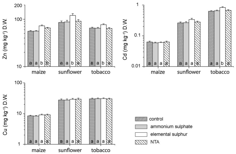 Fig. 4. Mean concentrations of Zn, Cd and Cu in the above-ground parts of maize, sunflower and tobacco harvested between 2000 and 2005. Different letters indicate significant differences (p < 0.05) between the treatments