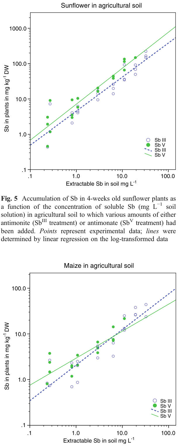 Fig. 6 Accumulation of Sb in 4-weeks old maize plants as a function of the concentration of soluble Sb (mg L−1 soil solution) in agricultural soil to which various amounts of either antimonite (SbIII treatment) or antimo